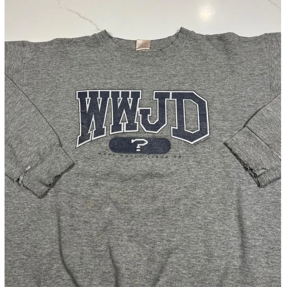 90s WWJD Sweatshirt Mens Large Vintage 1997 Gray Distressed Pullover